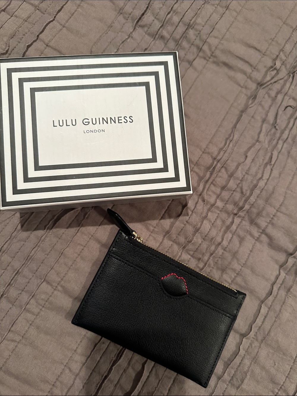 Lulu Guinness Black Leather Card & Key Pouch with Red Lip Stitch